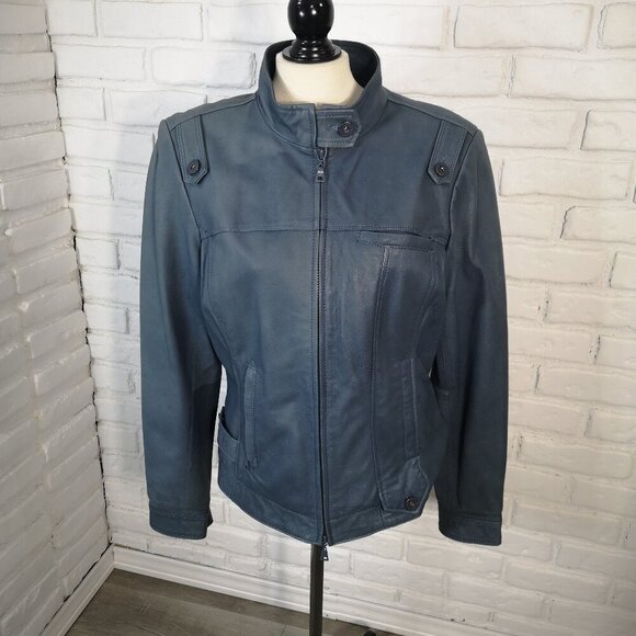 Danier Leather Ladies Size Large Lined Windsor Blue Full Zip Leather Jacket - Picture 1 of 13